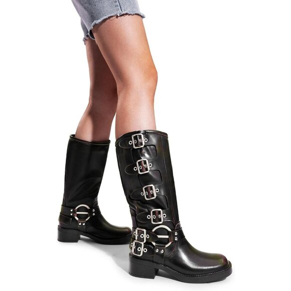 Women's Knee High Riding Boots Slip On Motorcycle Boot Fashion Buckle Biker Boot - Picture 6 of 7